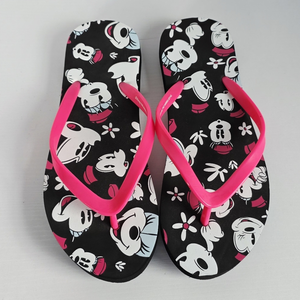 Disney Parks Minnie Mouse Pink/Black Flip Flops Thong Sandals Women's Size 8